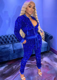 Sexy Sequins Zipper Long Sleeve Top And Pant Two Piece