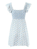 White Blue Flower Print Ruffle Strap Mini Dress V neck Ruched Elastic Chest Corset Sleeveless Short Tank Robe Holiday Woman-Outfit