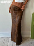 Elegant Fashion Pu Leather Split Skirt Vintage Slim Low-Waisted Maxi Skirts Women 2023 Autumn Spring Ladies Streetwear-Outfit