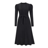 Puff Sleeve Solid Color Dress Round Neck High Waist Lace Temperament Thinner Knitted Base Sweater A-Line