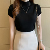 Knitted Turtleneck Blouse Women 2021 Summer Solid Slim Casual Clothing Women Short Sleeve Top Blusa Mujer De Moda 8622