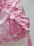 Women's Denim Skirt Solid Color High Waist Wrap Hip 3d Pockets A-line Short Cargo Miniskirt 2024 Summer New Fashion 29L6720-Outfit