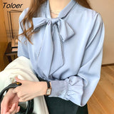 Elegant White Shirt Woman Satin Chiffon Blue Blouse Women Clothing Long Sleeve Loose Blouses Bow Office Lady Tops