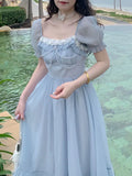 Fairy Blue Dress Women Elegant Evening Party Midi Dresses Female Korean Short Sleeve Designer Chic Chiffon Dress 2022