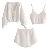 Set Shaggy Korea Style White Cardigan Furry Single-breasted Button Tank Top Knitted Sweater Jumper 1 Set-Outfit