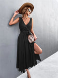 Romantic V-neck Sleeveless Solid Belted A-line Holiday
