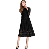 2025 New Women's Dress Round Collar Hollow Simple Lace Long Sleeves Medium Long