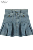 Skirts Outfits Vintage Denim Two Piece Set Women Short Sleeve Crop Tops High Waist Pleated Mini Skirt Suit Y2k