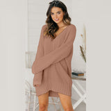 Toloer Sweater Wish Lady Loose V-Neck Medium Long Dress Knitted