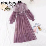 New Women Fashion Dress Stand Collar Lantern Sleeve Mesh Dress See-through Lace Embroidery Fairy Dress Femme Vestidos