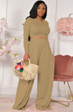 Fashion Slim Long Sleeve Round Neck Crop Top And Matching Wide Pants