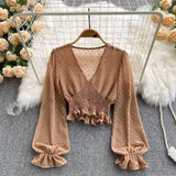Autumn Fashion Korean Women Blouse Long Sleeve V Neck Elastic Ruched Slim Tops Elegant Streetwear Short