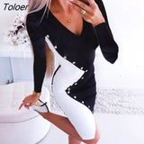 Ladies Dress Long Sleeve V-neck Bodycon Patchwork Buttons Elegant Short Dresses 2022 Spring Autumn Women Slim Mini
