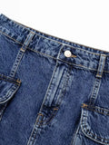 Women's Denim Skirt High Waist Double Pockets Navy Blue American Cargo Style Mini Skirt 2024 Summer New Fashion 29L2333-Outfit