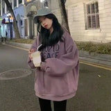 QWEEK 2021 Spring Autumn Oversized Letter Print Hoodies Women Plus Velvet Korean Style Streetwear Harajuku Hooded