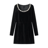 Women's Black Velvet Diamond Stylish Elegant Long-Sleeved Short