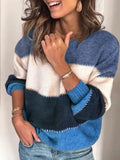 2021 autumn and winter new solid color stitching knit sweater top casual contrast color round neck sweater