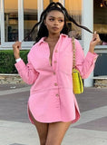 Pink Button Up Side Slit Turndown Collar Long Sleeves