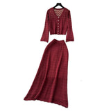 Wearing A Female Gentle Wind High-End Feeling V-Neck Long-Sleeved Empty Crochet Knitted