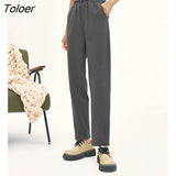 Women Pants 2022 Winter Thick Elastic Waist Straight Loose Trousers Dark Gray Warm Chic Casual Streetwear Long