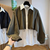 Contrasting Colors Patchwork Blouse Female Clothing Casual Loose Single-breasted Spring Autumn New Commute Polo-Neck