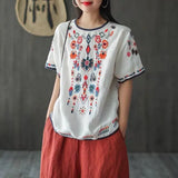 Women's Clothing Vintage Folk Fashion Embroidery Pullovers Commute Loose Spliced All-match O-Neck Summer Short Sleeve T-shirt-Outfit