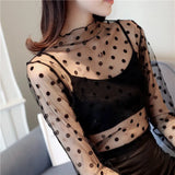Summer Women Lace Blouses Shirt Women tops Sexy mesh Blouses See-through Long Sleeve Black Dot Star Striped Shirt