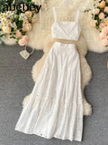 Women Hollow Out Two Piece Set Vintage Sleeveless Slash Neck Tank Tops + High Waist Long Skirt Ladies White/Green 2pc