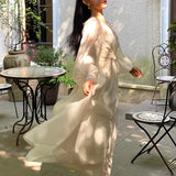 Korean V-neck Pleated Maxi Dresses for Women Ladies Party Fringed Lace Puff Sleeve Ruffled Lady Dreses Elegant