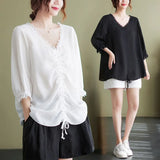 Solid Color Loose T-shirt Petal Sleeve Spring Summer New Women's Clothing All-match Lace Spliced Elegant V-Neck Pullovers-Outfit