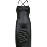 Women Sexy Suspender Mid-length Dress PU Fashion Solid Color Leather Bandage Backless Skinny Split Bodycon Dress Summer-Outfit