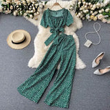 Women Summer Chic Korean Suit Sexy O Neck Chiffon Short Tops+High Waist Wide Leg Split Long Pants Two Piece