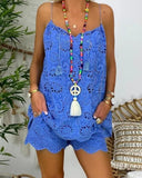 Toloer Sleeveless Drawstring Flounce Cut Out Vest Embroidered Shorts With Cotton