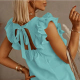 Hollow Out Design Bow Ruffle Women Blouse Plus Size 3XL Solid Pleated Butterfly Sleeve Ladies Blouses Summer