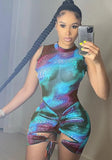 Printed Sexy O-Neck Sleeveless Tie Dye Bodysuit