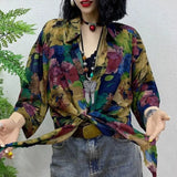 Contrasting Colors Printed Shirt Hong Kong Style Casual Single-breasted Female Clothing Polo-Neck Spring Bandage