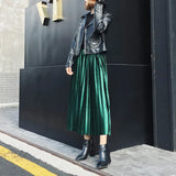 Spring 2019 Women Long Metallic Silver Maxi Pleated Skirt Midi Skirt High Waist Elascity Casual Party Skirt