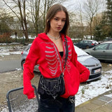 2022 Y2K Rhinestone Hoodies Women Skeleton Gothic Black Zip Up Oversized Sweatshirt Punk Skull Harajuku Hooded Jacket
