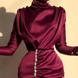 Satin Maxi Party Dresses Sexy Split Ladies Elegnt Long Sleeve Turtleneck Bodycon Dresses 2020 New Clubwear