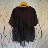Black Casual Patchwork Ruffle T Shirt For Women O Neck Short Sleeve Irregular Straight T Shirts Female 2021