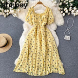 Sweet Floral Dress Women Green Square Collar Short Sleeve A-line Dresses Summer Bohemian Print Beach