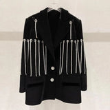 Black Loose Casual Patchwork Diamonds Tassel Blazer Female Notched Long Sleeve Fashion Jacket For Women 2021