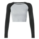 Color Contrast Patchwork Basic Crop Top Shirt Autumn Long Sleeve Rib Knitted Women Tshirts Casual Outfit Tops