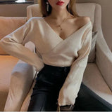 Fashion Sexy Cross V-Neck Women's Sweaters Autumn Winter Bottoming Slim Female Jumper Casual Solid Bodycom Beige Grey