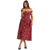 Spring And Summer New Women's Fashion Temperament Word Shoulder-To-Shoulder-To-Shoulder-To-Back-Up-Sender-Print Dress Dress