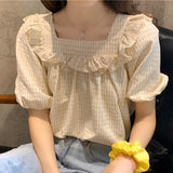 Women Loose Plaid Harajuku New Arrival Summer Short Sleeve Retro Simple Holiday Students Tunic Top Cute Chic Sweet