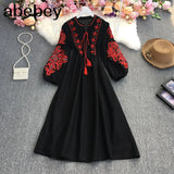 New Spring Autumn Vintage O-neck long sleeve Dress embroidery lace up tassel high waist pleated mid-length A-line