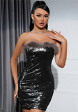 Sexy Strapless Sleeveless Solid Sequins Fur Trim Mini Sheath Club