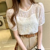 Women Fashion Floral French Basic Tunic All-match Loose Design Quality Soft Translucent Camisa De Gasa Cute Summer