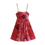 Holiday Tie-dye Flower Print Slash Collar Ruched Chest Mini Sling Dress Sexy Low Back Backless Robe BOHO Summer Vestido-Outfit